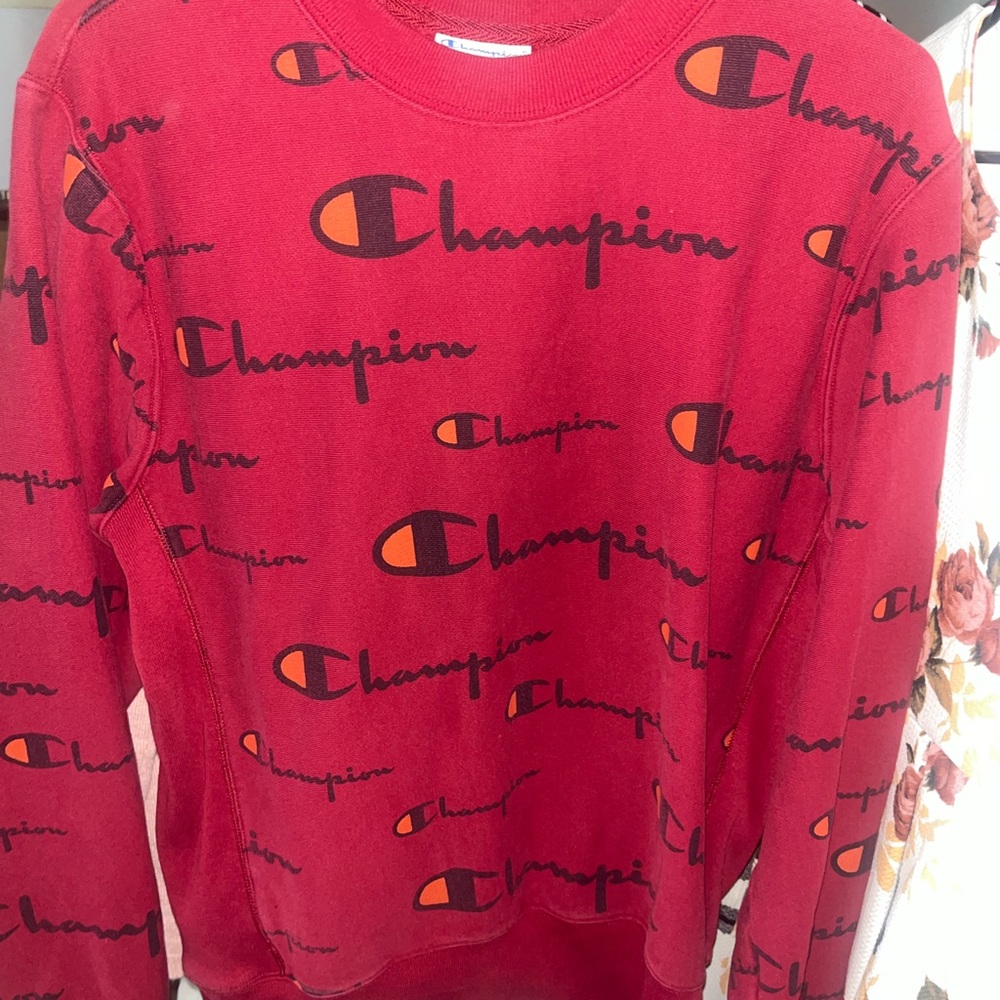Champion Red and Black Logo Crewneck